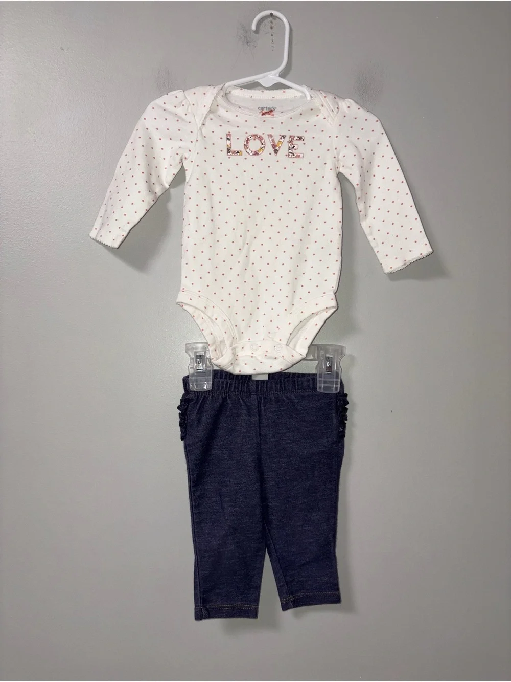 Carters White Polka Dot Love Long Sleeve Body Suit Old Navy Leggings 3-6M